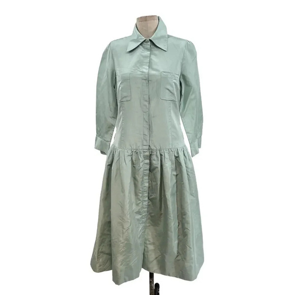 Rickie Freeman for Teri Jon Teal Blue Green Drop Waist Shirtdress Silk Size‎ 10 - Picture 1 of 13